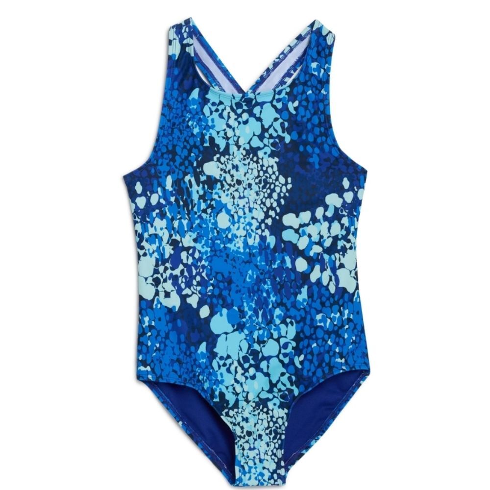 NWOT Lands' End Girls' Stretch Crisscross One Piece Swimsuit Blue Pebble-Size S